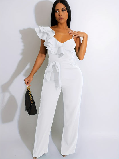 Womens Casual 1pc Jumpsuits V-Neck Sleeveless Ruffle Elegant Romper Wide Leg Pant Sexy Party Clubwear Overalls