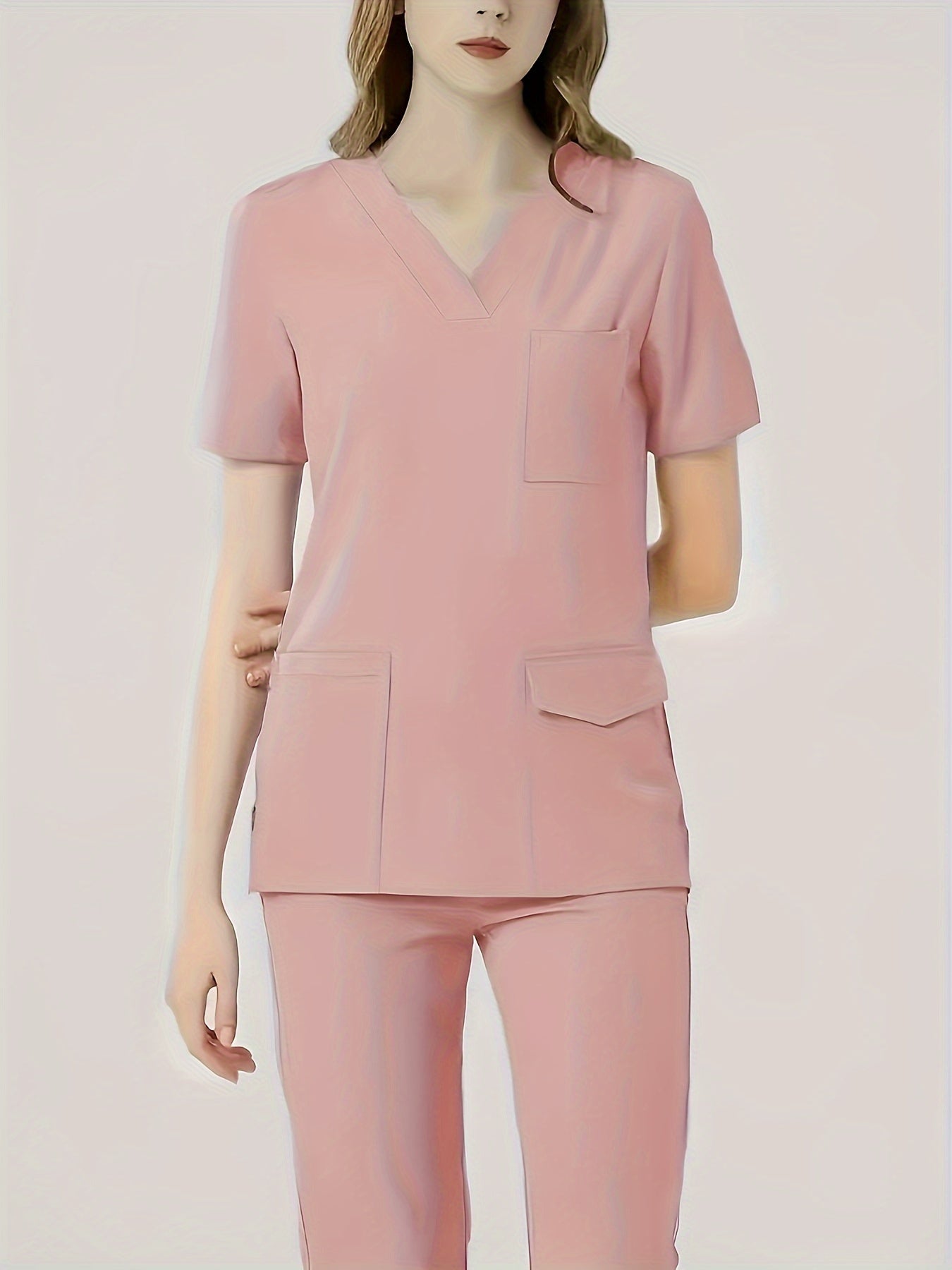 Ultra-Soft Womens Two-Piece Health Care Uniform Set - Stylish V-Neck Top With Practical Pockets & Sleek Solid Pants - Premium Quality, Comfortable Everyday Wear For Women