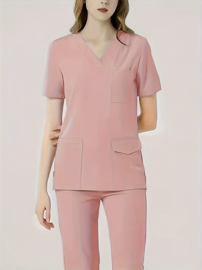 Ultra-Soft Womens Two-Piece Health Care Uniform Set - Stylish V-Neck Top With Practical Pockets & Sleek Solid Pants - Premium Quality, Comfortable Everyday Wear For Women