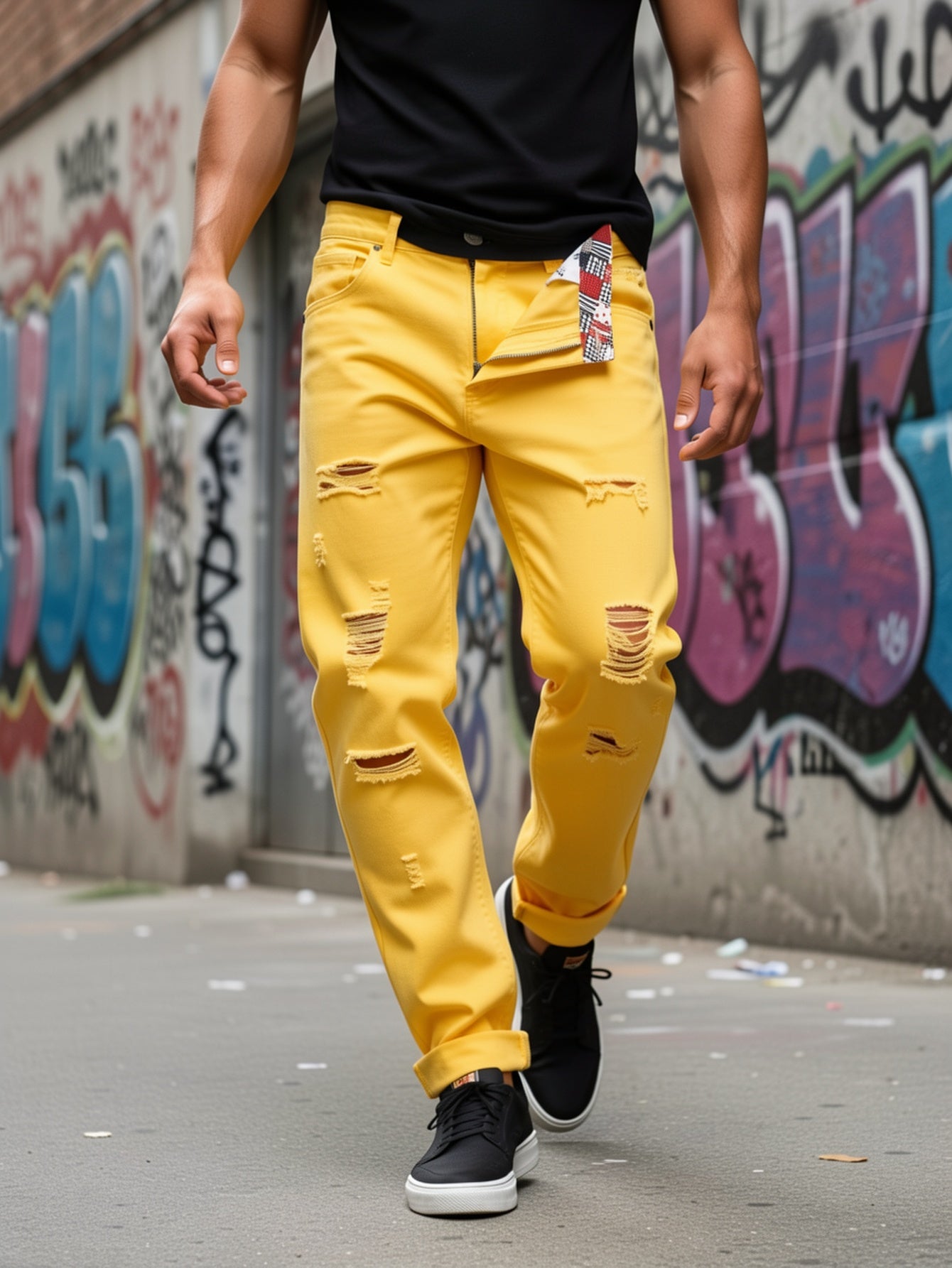 Men's Non-Stretch Ripped Tapered Denim Jeans - Distressed Streetwear Pants with Tapered, Ripped Hem & Flag Suitable for - Wear, Machine Washable Regular Fit for Urban Fashion and Casual Outfits