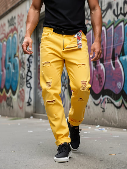 Men's Non-Stretch Ripped Tapered Denim Jeans - Distressed Streetwear Pants with Tapered, Ripped Hem & Flag Suitable for - Wear, Machine Washable Regular Fit for Urban Fashion and Casual Outfits