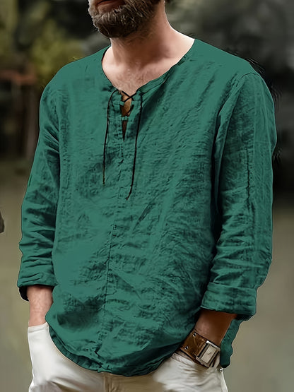 Collection of 3 Lightweight Summer Shirts for Men Featuring a Trendy Retro Design, Perfect for Casual Everyday Wear with Long Sleeves And a V-Neck Lace-Up Style
