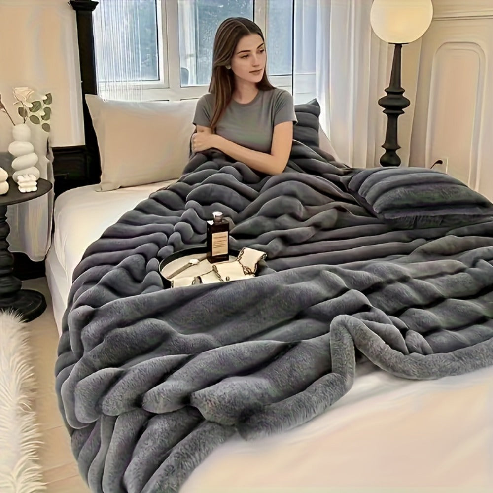 Faux Rabbit Fur Throw Blanket - Striped Double-Sided Flannel Back