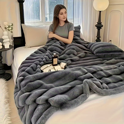 Faux Rabbit Fur Throw Blanket - Striped Double-Sided Flannel Back