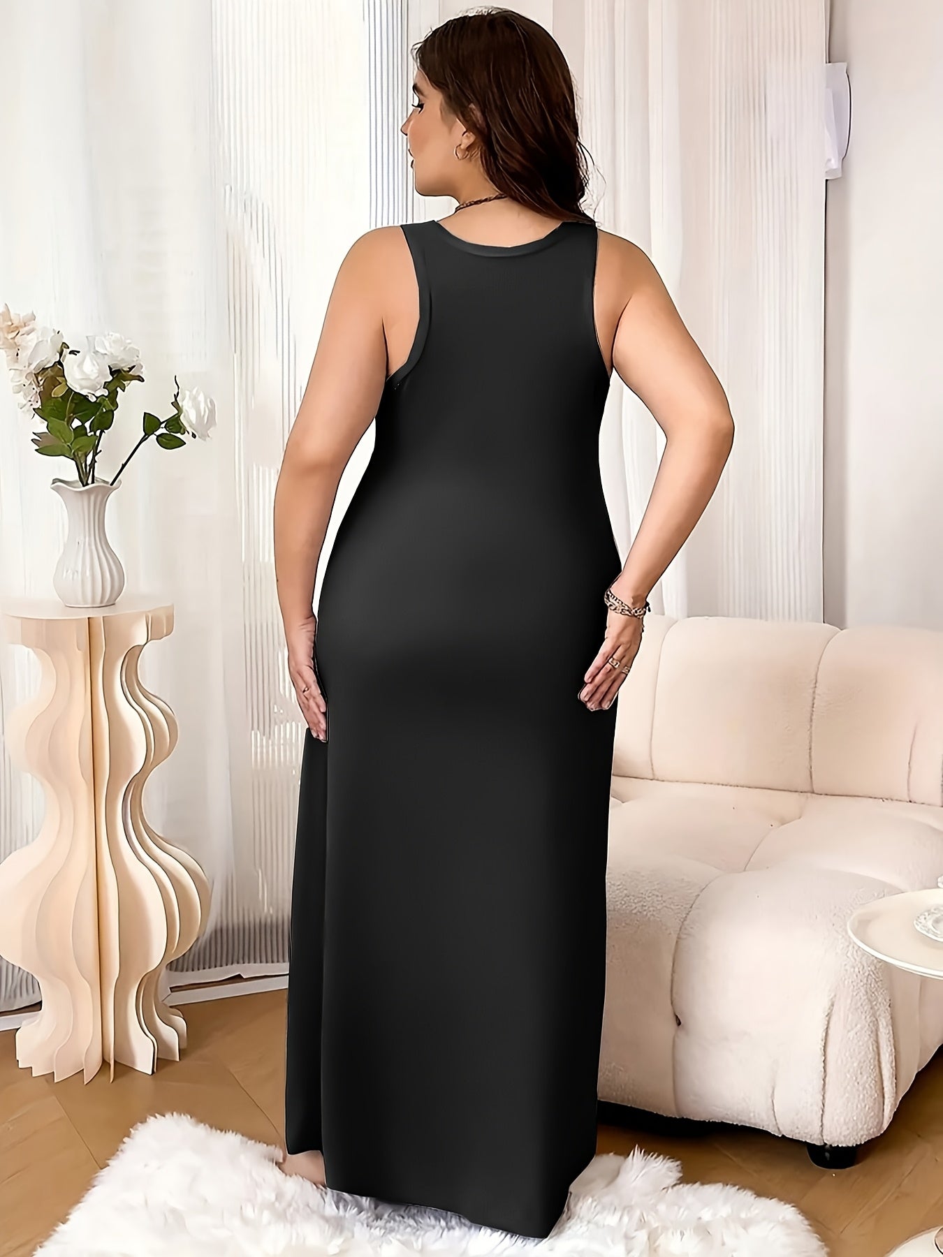3pcs Set Of Women's Plus Size Sleeveless Vest Sleep Dress Evening Gown No Print Solid Color Simple Style Casual Version Very Comfortable Home Clothing