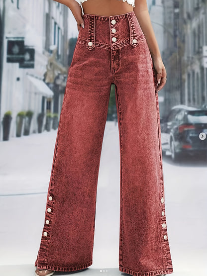 Women's Daily Casual Fashion Button Waistband Loose Jeans, with Open Button Cuff Design, Suitable for Home, Outdoor Street Shopping, Holiday Travel, Airport, And Versatile for All Seasons, Machine Washable.