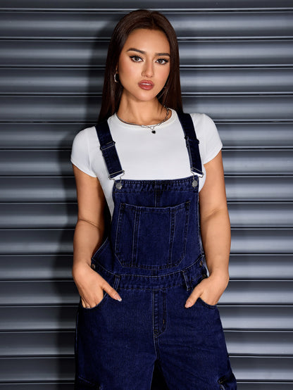 Women'S Denim Wide-Leg Cargo Jumpsuit with a Loose Fit, Baggy Design, And Adjustable Straps