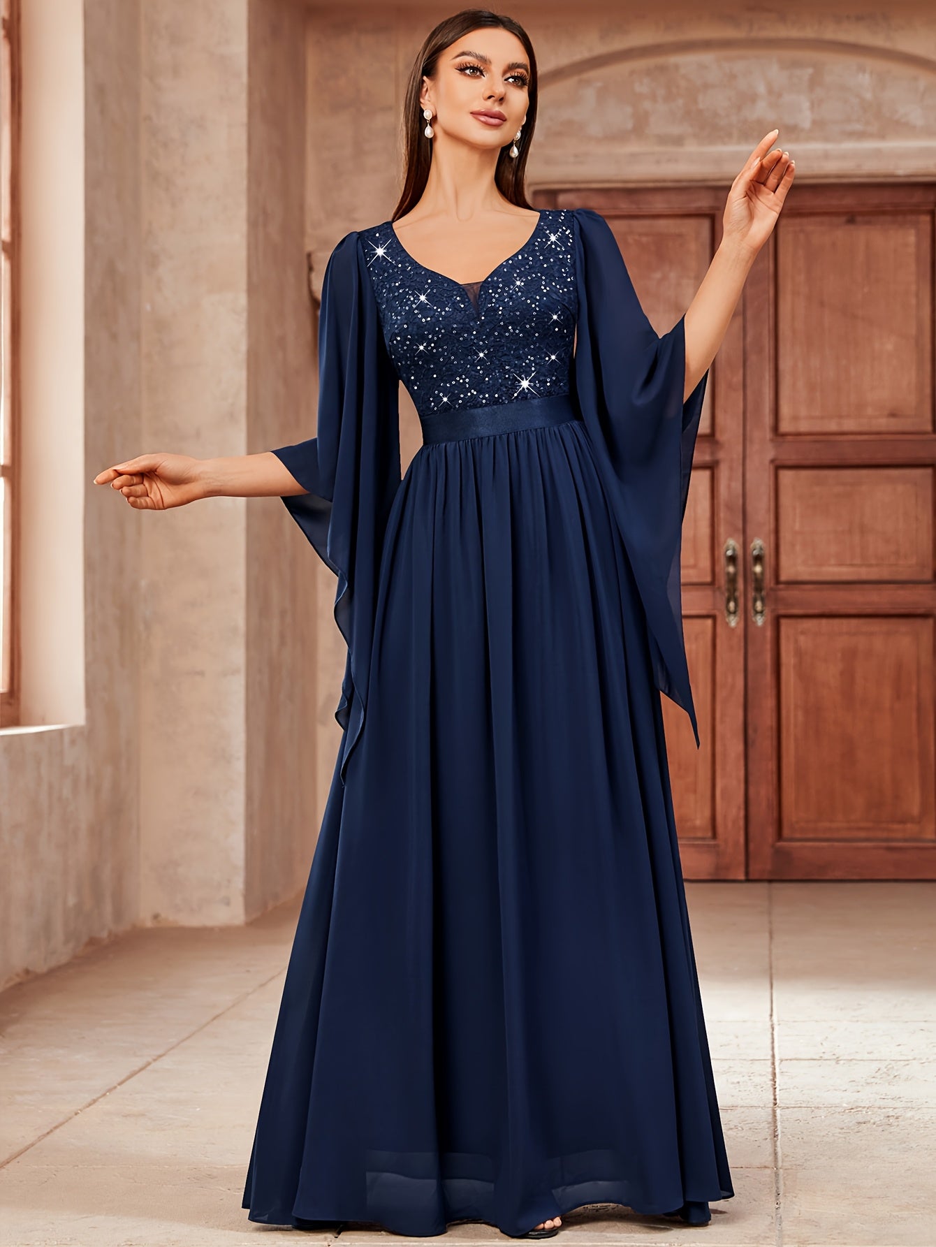 53303 Elegant Women's Lace & Sequin Bridesmaid Dress - A-Line Maxi Wedding Gown with 3/4 Bell Sleeves, V-Neck Color-Block (Bodice &), Machine Washable Bridesmaids Gown for Weddings, Parties, Prom