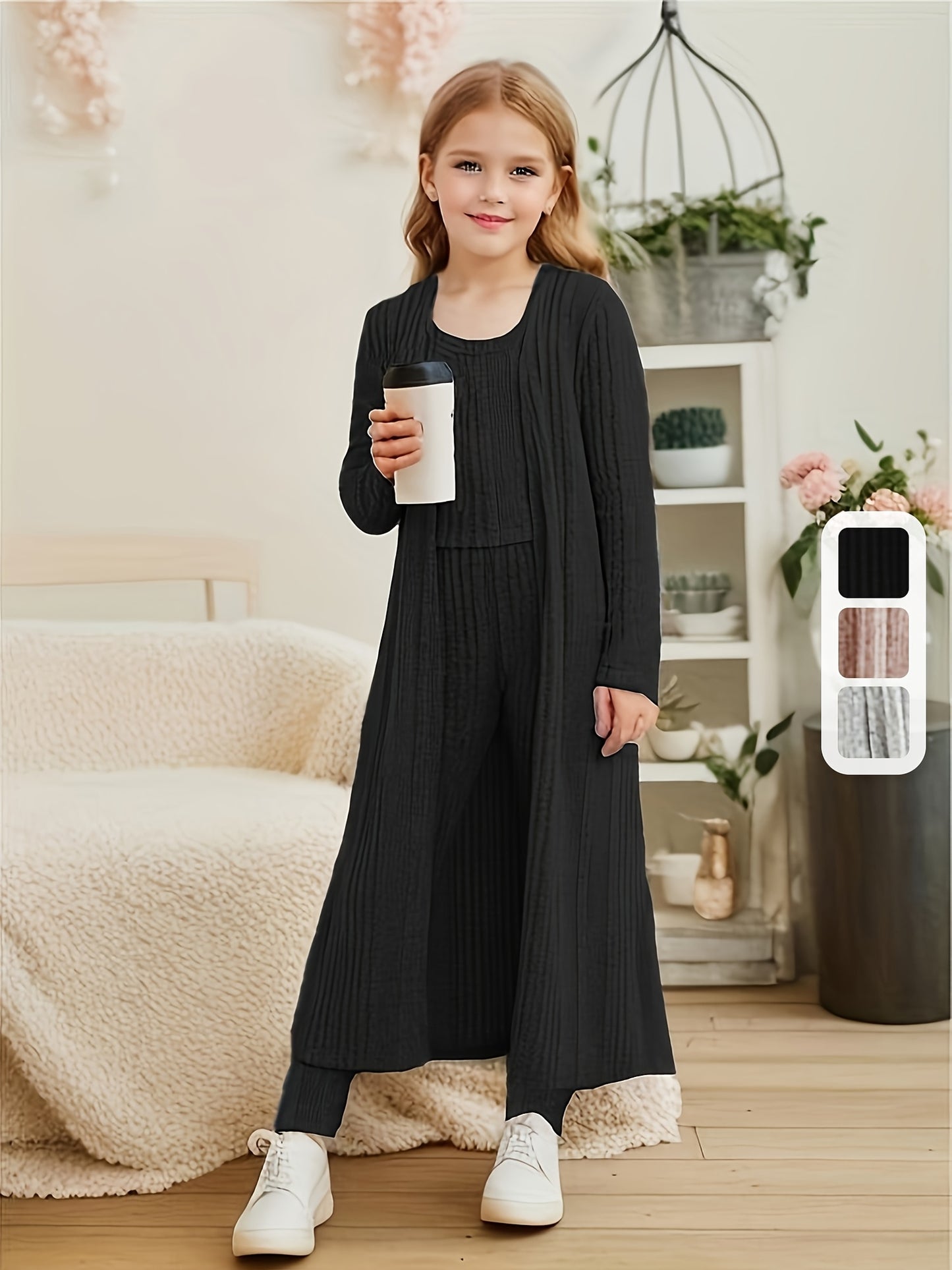 Stretchy Knitwear 3pcs Girls, Long Sleeve Shawl Knit Cardigan + Top + Leggings Kids Gift, perfect for casual outdoors & walking dog, Perfect for Outdoor