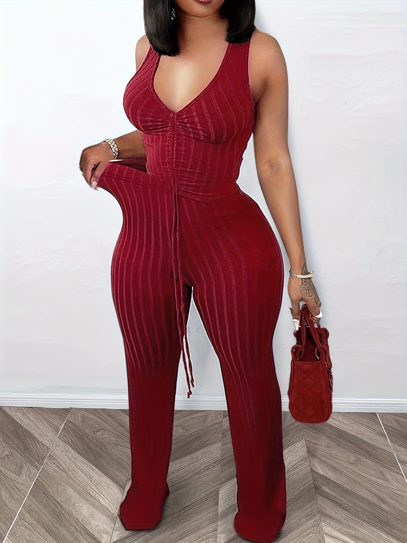 Ladies' Stretch Two-piece Casual Fashion Vest And Trousers Set with V-neck Adjustable Drawstring Sleeveless Top And High-waisted Fl Trousers Set