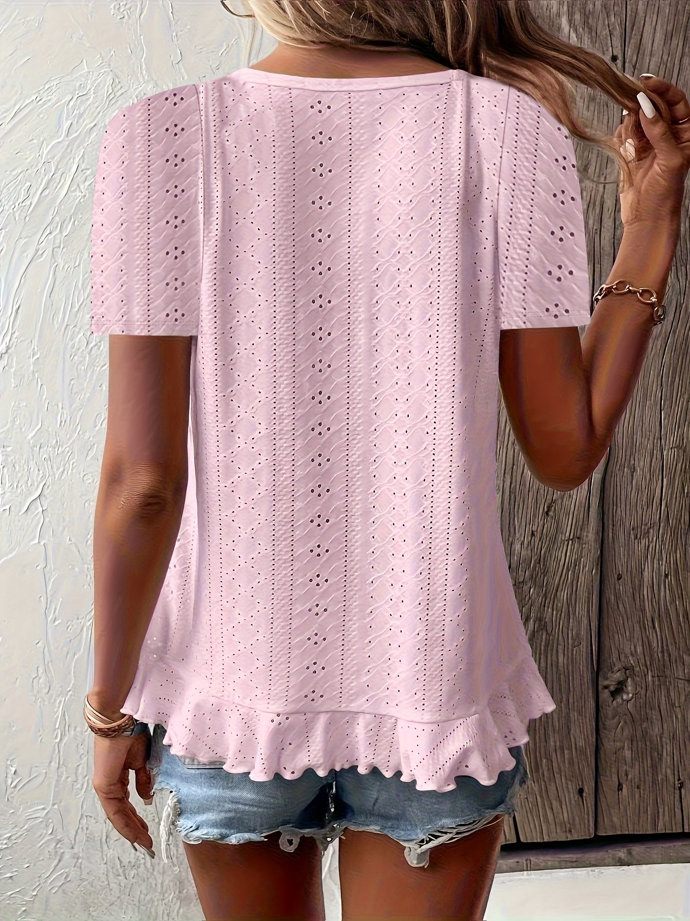 Women'S Round Neck Ruffle T-shirt, Stylish, Elegant, Comfortable, Breathable, Solid Color Jacquard Fabric, Suitable For Spring And Summer Tops