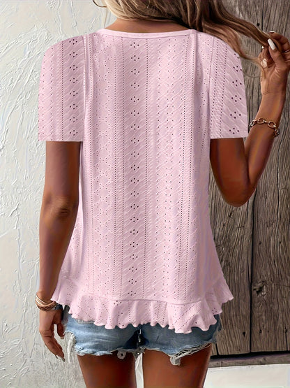 Women'S Round Neck Ruffle T-shirt, Stylish, Elegant, Comfortable, Breathable, Solid Color Jacquard Fabric, Suitable For Spring And Summer Tops