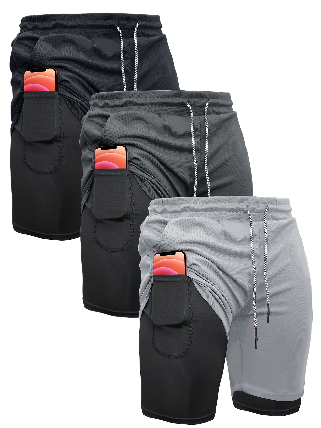 3pcs Men's 2-in-1 Double-layer Shorts with Inner Pocket, High Stretch Sports Shorts, Suitable for Summer Running, Gym Exercise And Training