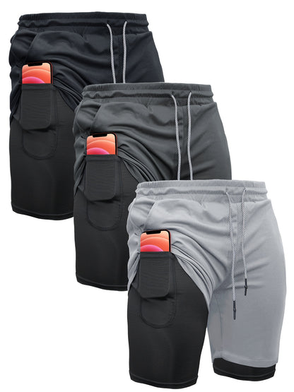 3pcs Men's 2-in-1 Double-layer Shorts with Inner Pocket, High Stretch Sports Shorts, Suitable for Summer Running, Gym Exercise And Training
