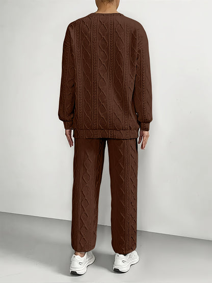 Women's Casual Pullover Two-piece Set, Suitable for Spring And Autumn, Consisting Of A Textured Long-sleeved Top And Jogging Pants