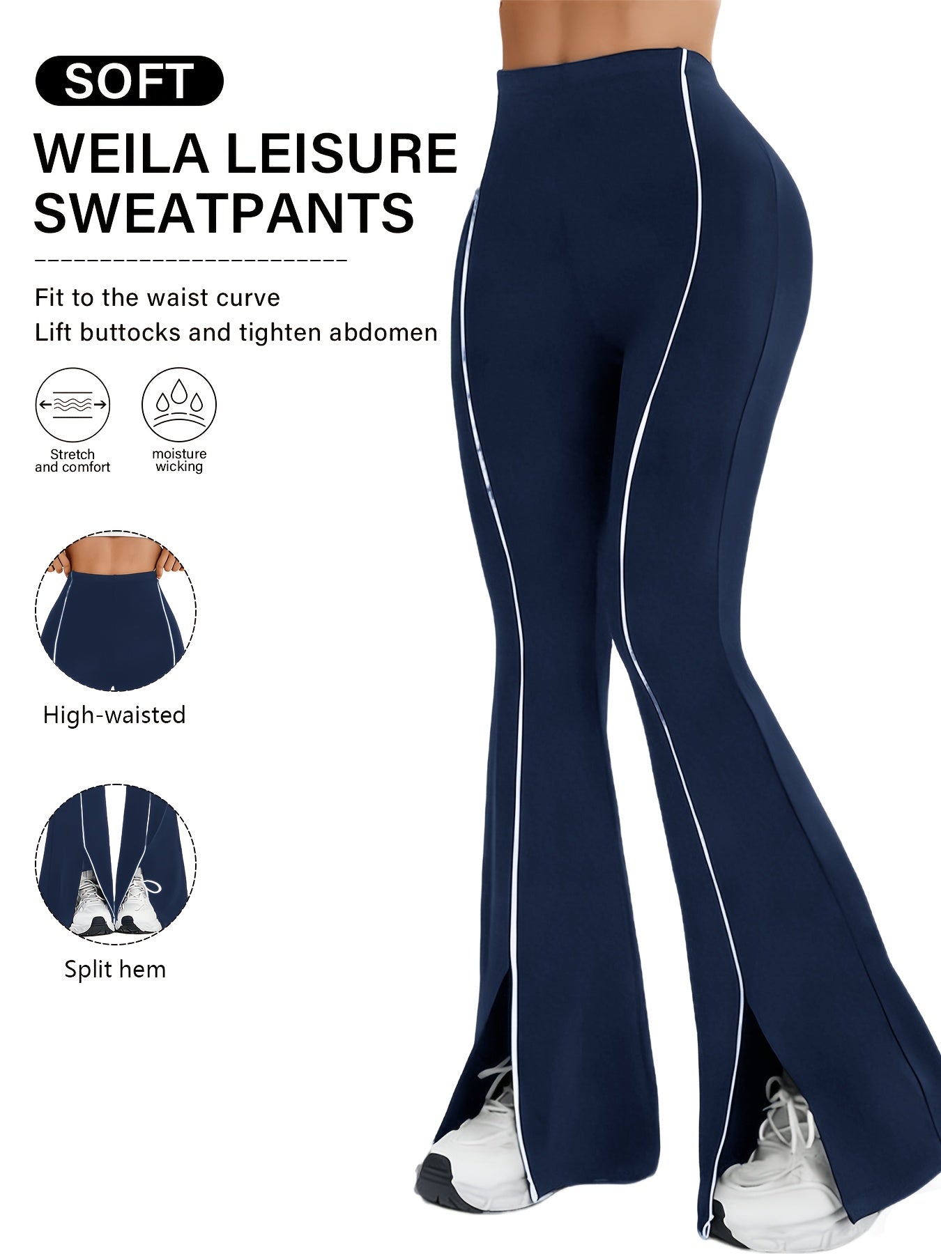 High-Waisted Slit Flared Pants with Side Lines, Elastic Pants, Retro And Versatile Casual Long Pants