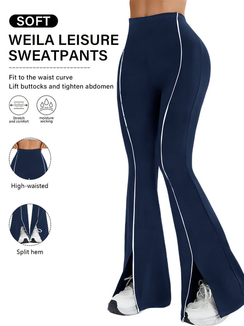 High-Waisted Slit Flared Pants with Side Lines, Elastic Pants, Retro And Versatile Casual Long Pants