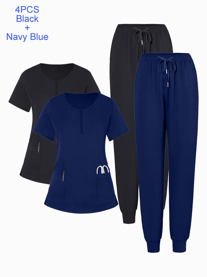 4pcs Set Of Multi-color Women's Round Neck Zipper Matte Breathable Sports Uniform Pocket Hand Washing Work Clothes Brush Hand Clothes Tying Feet Pants Set