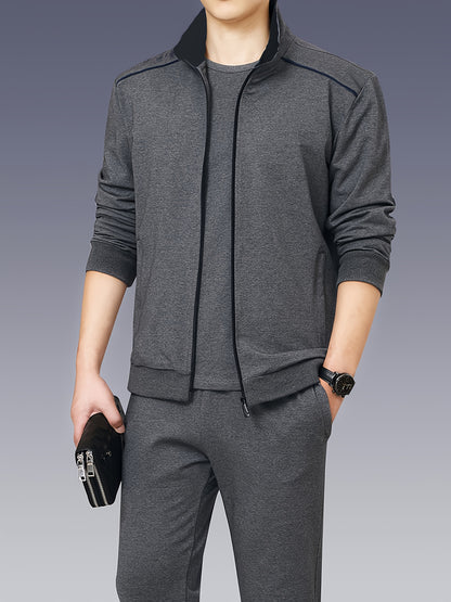 Spring and Autumn Men's Zipper Casual Suit, Casual Wear, Office Casual Attire, Zipper Suit, Stand Collar Design, Regular Fit, Easy Care Fabric, Professional Men, Transitional Season, Casual Occasions