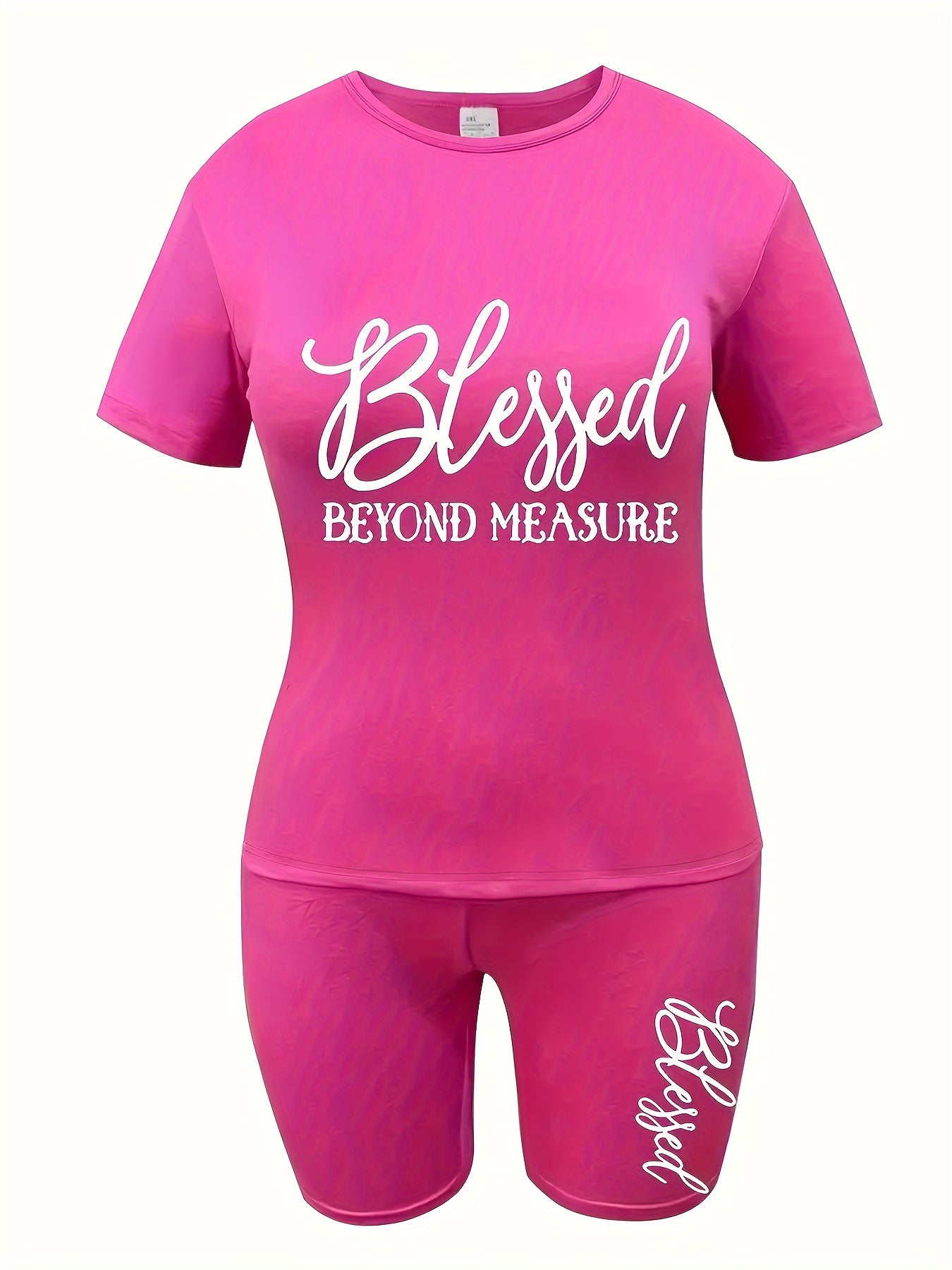 Plus Size - Plus Size - Relaxed Fit Letter Graphic Two-Piece Set, Casual Short-Sleeve Tee And Shorts Outfit, Women'S Trendy Rose Red Ensemble