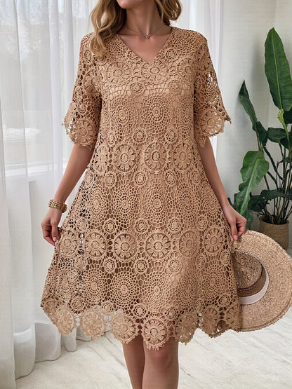Women'S Fashion Solid Color Short Sleeve V-Neck Dress with Lining Hollow Out Lace Dresses