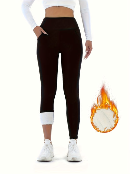 Women's High-Waisted Leggings with Pockets - Warm, Stretchy Faux Blend Casual Trousers, Perfect for Autumn and Winter, Features an Elastic Waistband, Winter Leggings | Comfortable Winter Fashion | Plush Lining