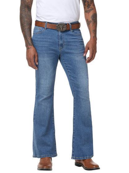 Men's Vintage 70s Retro Bell Bottom Jeans - Wide- Flare Pants with Mid-Stretch Blend, Beltless Suitable for Disco Parties, Night Out & Casual Attire, Machine Washable Mid-Rise Bottoms