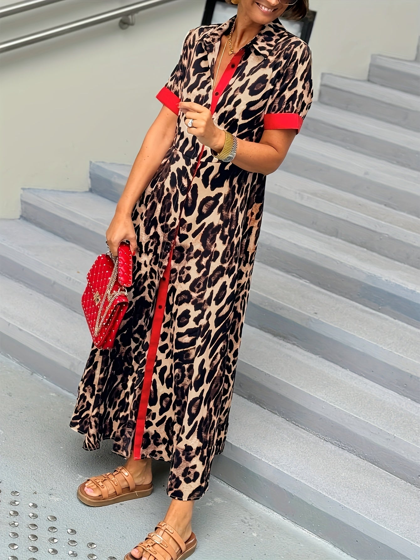 Women's Red Polyester Printed Short-Sleeve Dress - product view 7