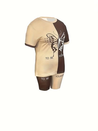 Vibrant Color Block And Butterfly Print Set - Women's Comfortable Short Sleeve T-Shirt with Pocket Shorts Set