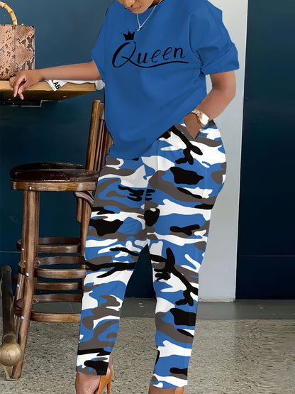 Plus Size - LADIES' Plus Size Daily Fashion Casual Set: Letter Print Crew Neck Short Sleeve T-shirt + Camouflage Long Pants With Pockets