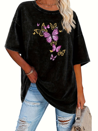 Women's Trendy Printed Retro Washed T-Shirt - 230g Thick, Retro Street Style Crew Neck Short Sleeve, Machine Washable, Perfect for Spring/Summer Casual Wear, Unique Loose Fit Women's T-Shirt