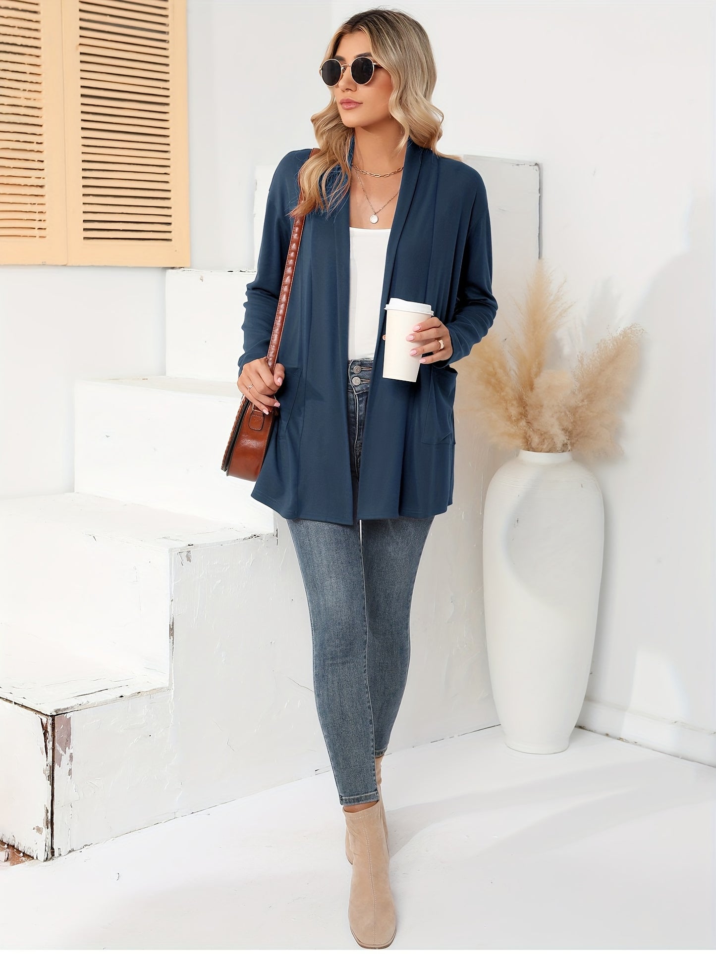Spring And Autumn Women'S New Casual Solid Color Open Placket Double Pocket Design Simple Cardigan Jacket Comfortable Loose Long Sleeve Cardigan