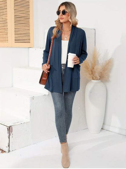 Spring And Autumn Women'S New Casual Solid Color Open Placket Double Pocket Design Simple Cardigan Jacket Comfortable Loose Long Sleeve Cardigan