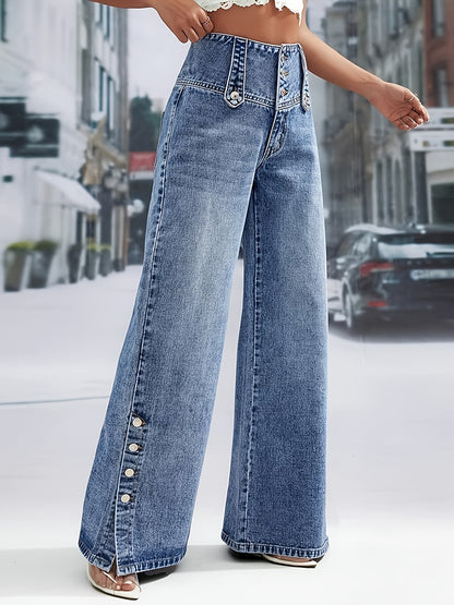 Women's Daily Casual Fashion Button Waistband Loose Jeans, with Open Button Cuff Design, Suitable for Home, Outdoor Street Shopping, Holiday Travel, Airport, And Versatile for All Seasons, Machine Washable.