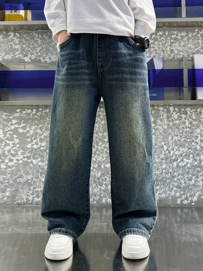 Boys' Vintage Distressed Denim Wide-Leg Pants with Frayed Hem & Functional Pockets - Loose Fit Machine-Washable Spring/Fall Casual Trousers for Kids, Spring Fall Clothing | Retro Children's Fashion | Comfortable Fabric
