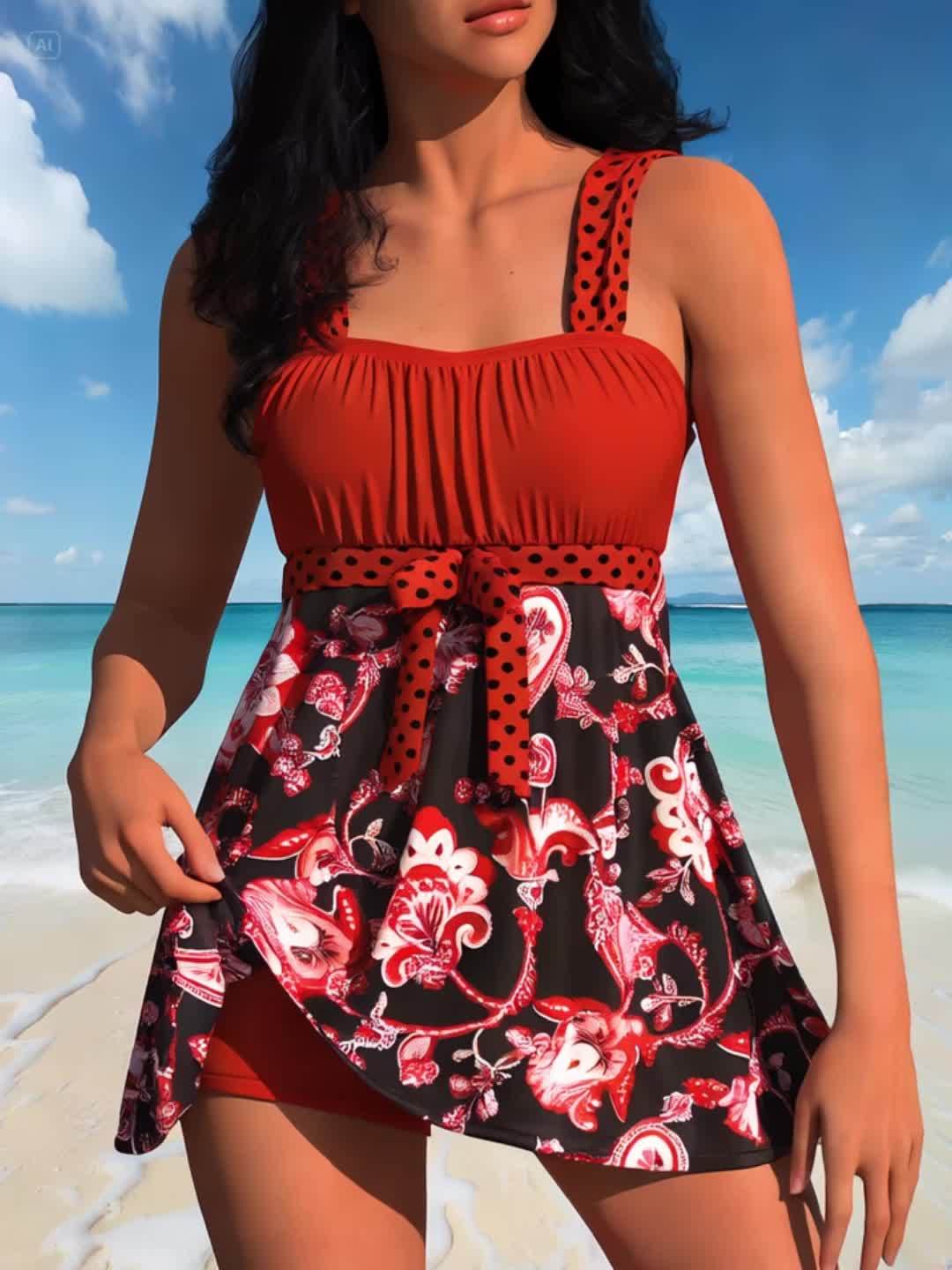 New Swimsuit Outdoor Women Wide Shoulder Split Backless European And American Fashion Printed Hot Spring Swimsuit Women