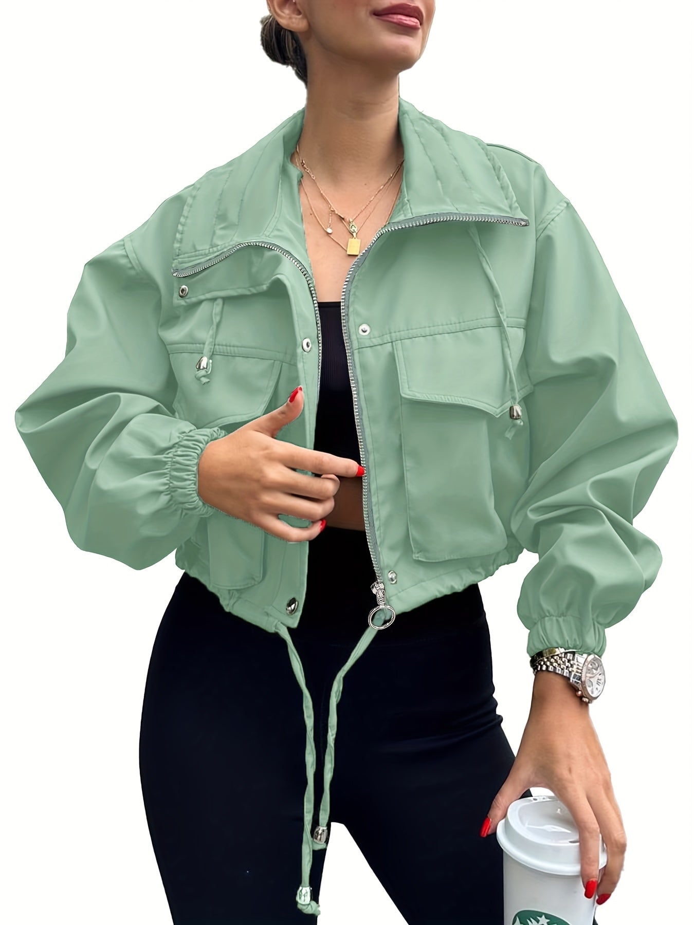 Women'S Cropped Jacket Zip Up Lightweight Oversized Utility Anorak Coat with Pockets