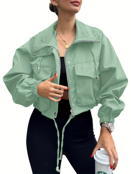 Women'S Cropped Jacket Zip Up Lightweight Oversized Utility Anorak Coat with Pockets