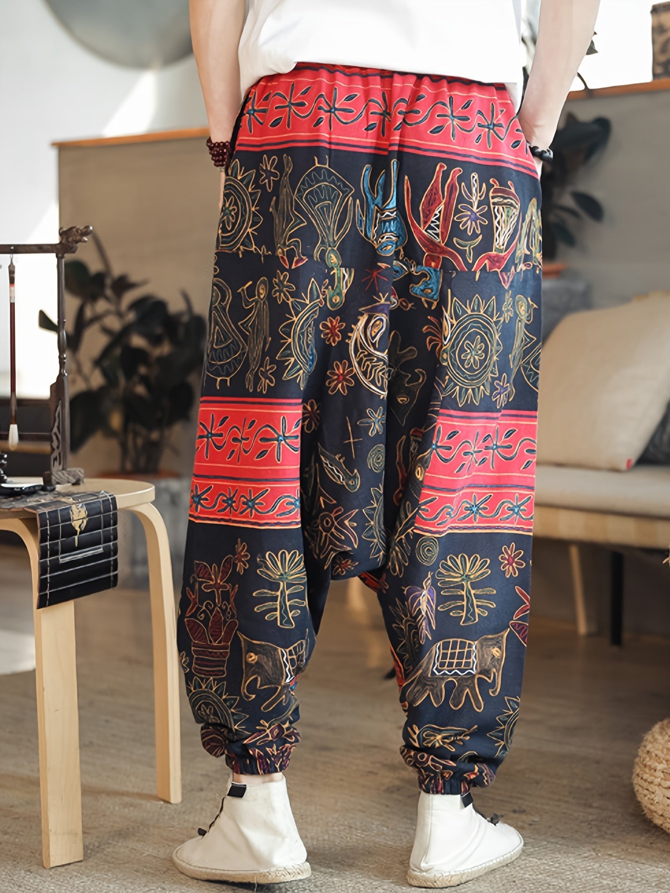 Men'S Stylish 100% Loose Colorful Fans Pattern Pants with Pockets, Casual Breathable Comfy Trousers for City Walk Street Hanging Outdoor Activities