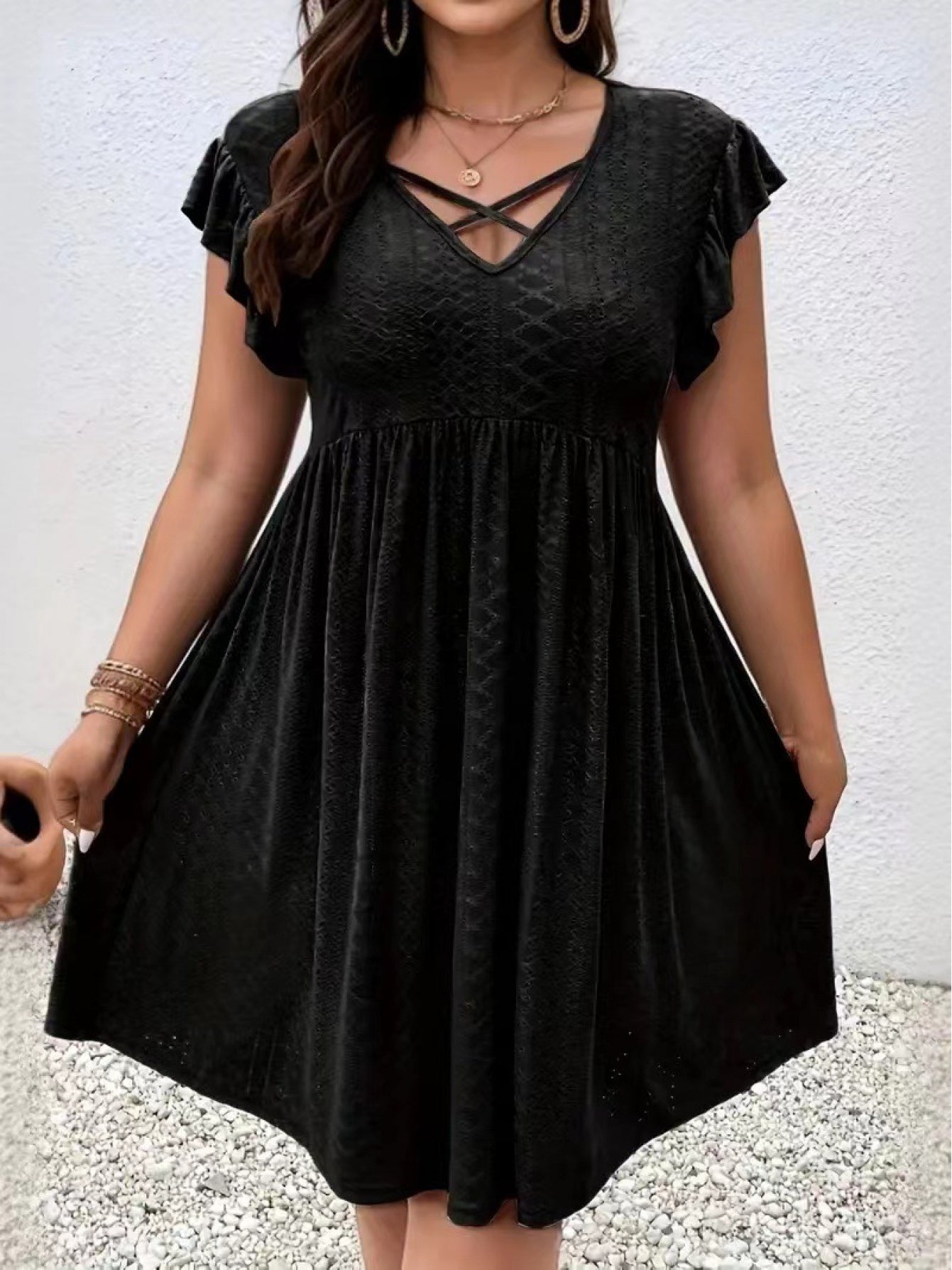 Plus Size - Summer Plus-Size Women'S Hollow-Out Embroidered Dress - Cross V-Neck with Ruffled Short Sleeves And a Flared Skirt, Made of Lightweight Breathable Fabric, Available in Sizes L-5XL, Suitable for Beach Or Casual Wear