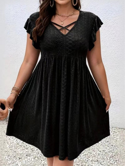 Plus Size - Summer Plus-Size Women'S Hollow-Out Embroidered Dress - Cross V-Neck with Ruffled Short Sleeves And a Flared Skirt, Made of Lightweight Breathable Fabric, Available in Sizes L-5XL, Suitable for Beach Or Casual Wear