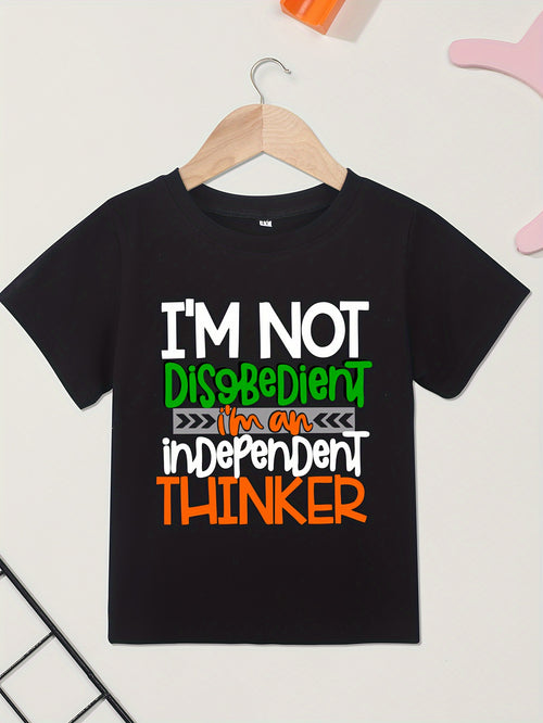 Boy's Cotton T-shirt, I'm Not Disobedient. I'm an Independent Thinker. Letter Print, Comfortable and Casual Round Neck, Short Sleeved