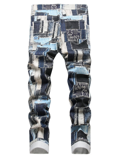 1pc Men's Fashion Denim Jeans, Stretch Slim Fit Washed Denim with Laser Digital Print, Casual Regular Length Pants with Built-in Zipper, Polyester Blend, Mid-Waist for Adult