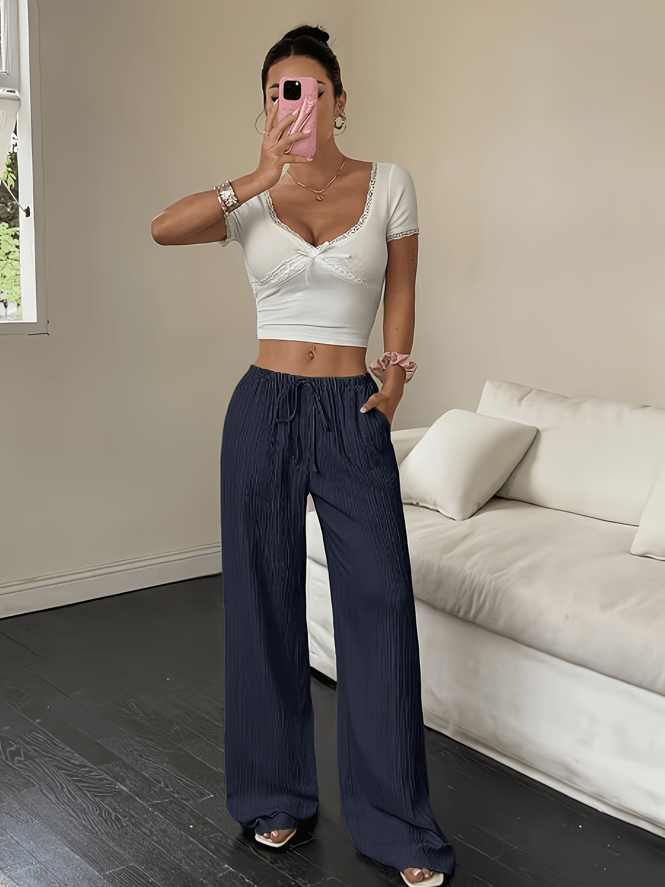 Women'S Elegant Wide-Leg Pants 2pcs Set - Non-Sheer Trousers, Machine-Washable Everyday And Formal Pants for Women, Suitable for Office, Parties, And Casual Wear - Unisex Base Layers for All Seasons, Party Outfits, Minimalist Design, Non-Sheer
