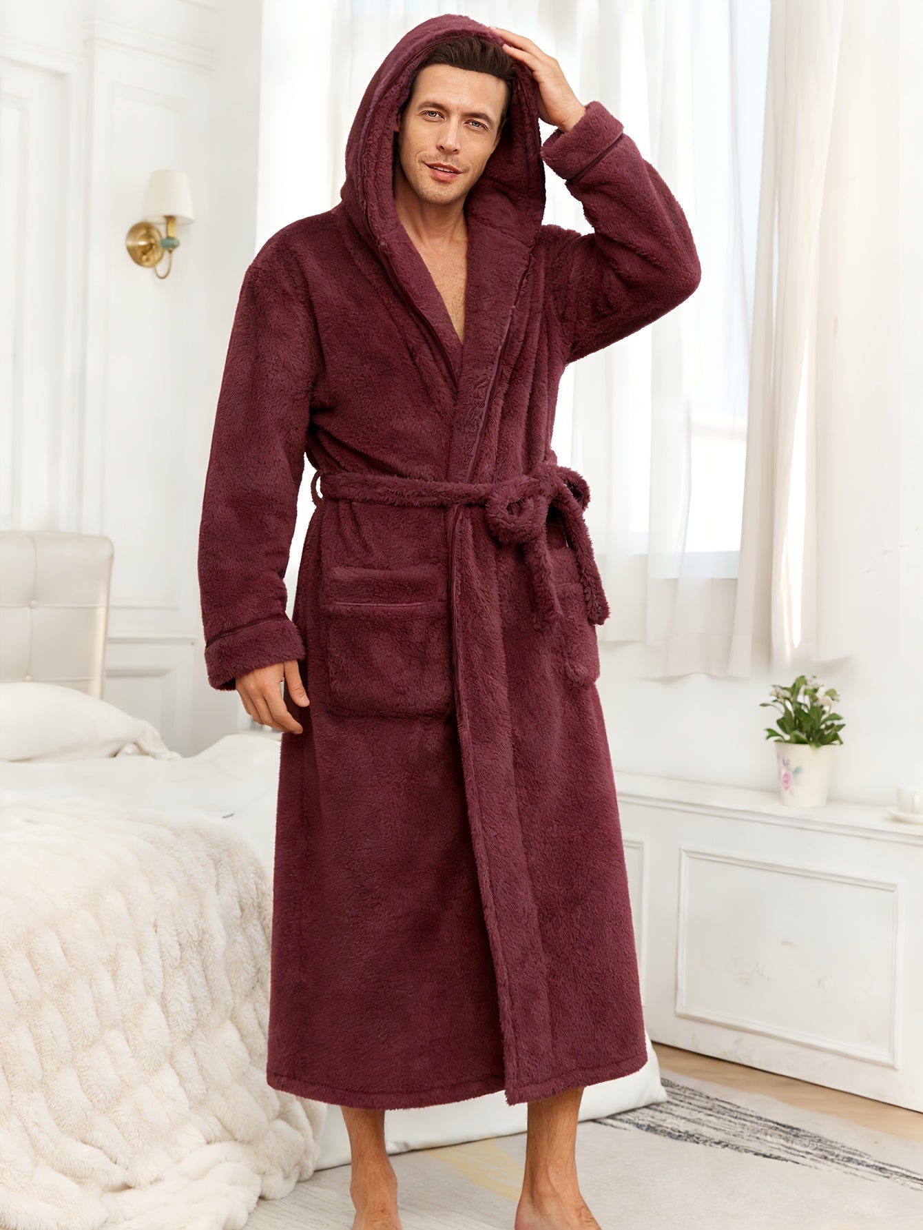 Men'S Thickened Flannel Hooded Bathrobe - Soft Plush Long Sleeve Robe with Pockets, Warm & Breathable Winterrobe for Home, Spa
