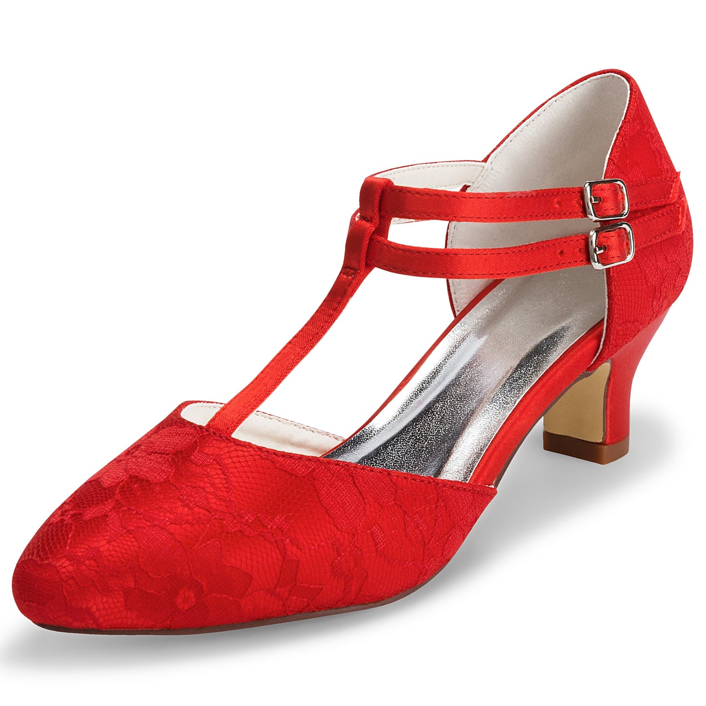 JIAJIA 00968 Women'S Bridal Shoes Closed Toe T-Strap 1.9" Block Low Heel Lace Satin Pumps Wedding Shoes, Women Shoes