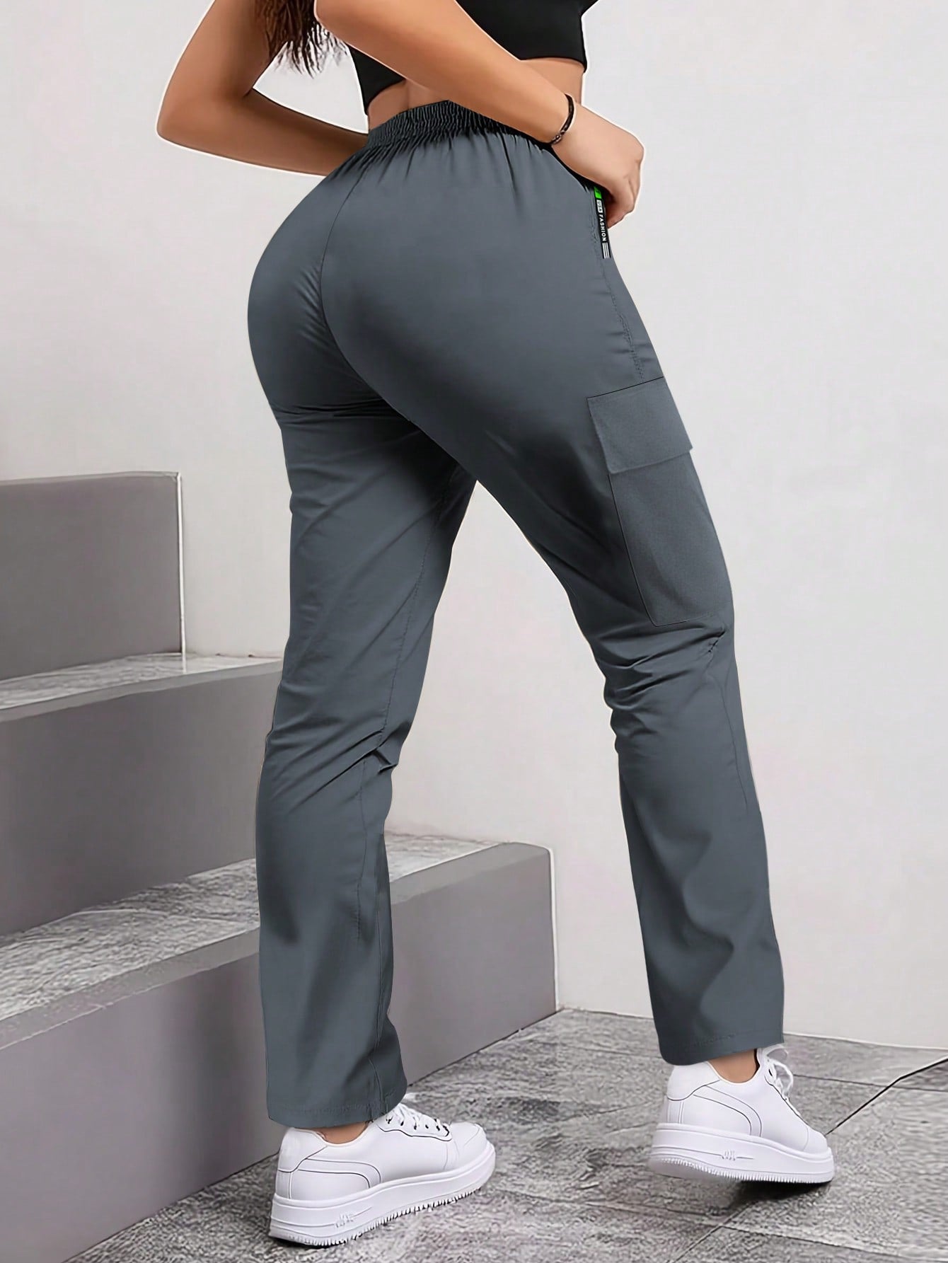 Women'S Spring/Autumn Zipper Pocket Cargo Pants, Fashionable Large Pocket Design, Drawstring Elastic Waist, Casual Outdoor/Daily Wear Slim Fit Trousers