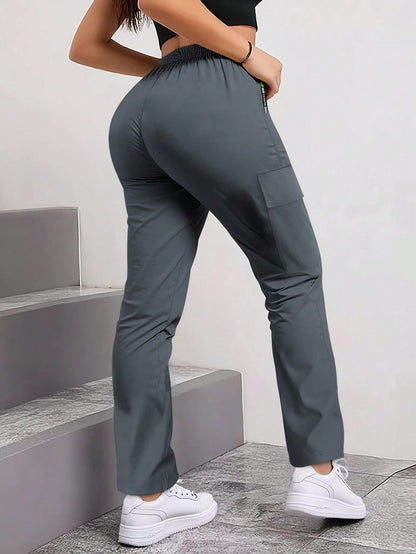 Women'S Spring/Autumn Zipper Pocket Cargo Pants, Fashionable Large Pocket Design, Drawstring Elastic Waist, Casual Outdoor/Daily Wear Slim Fit Trousers