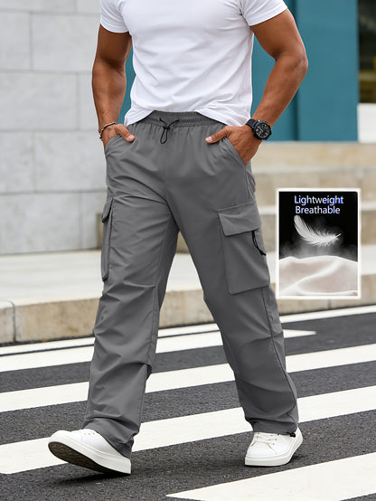 Lightweight Breathable Cargo Trousers for Men, Featuring an Elastic Waistband with a Drawstring, Loose Wide Legs, Multiple Pockets, And Quick-Dry Fabric, Ideal for Outdoor Hiking, Streetwear, Everyday Use, And All-Season Fashion