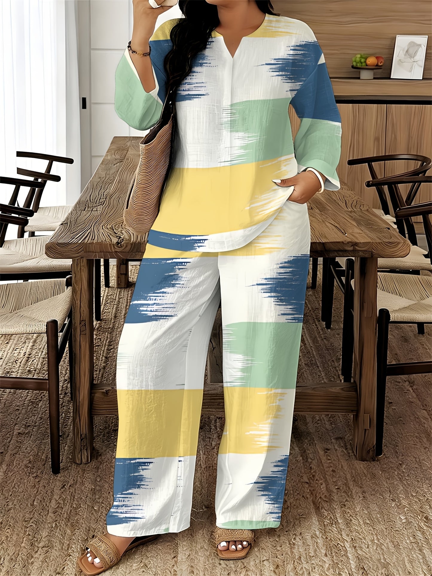 2026 New Women's Standard Size Long Sleeved Pants 2pcs Set, Set, Spring And Summer New V-Neck Long Sleeved Shirt Printed Elastic Waistband Pants 2pcs Set, Digital Printing Machine Washable Fabric, Elegant And Comfortable
